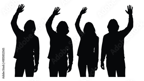 Four people waving silhouettes isolated on white background, Vector