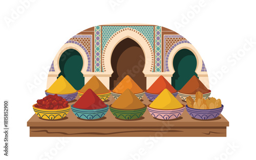 Exotic Spices in Colorful Bowls at a Moroccan Market with Arched Entry, Featuring a Variety of Textures and Flavors