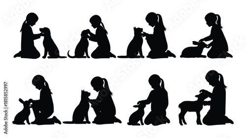Children interacting with animals silhouettes isolated on white background, Vector