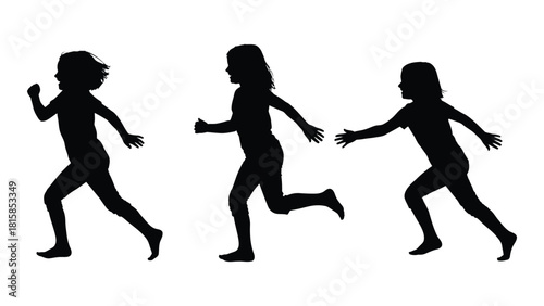 Silhouettes of young girls running and playing isolated on white background, Vector