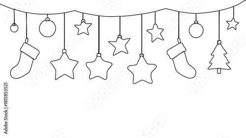 Christmas garland with stockings, stars, baubles and tree, line art