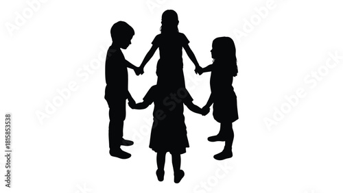 Children holding hands silhouette isolated on white background, Vector