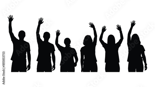 Silhouettes of people waving and cheering isolated on white background, Vector