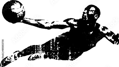 Basketball player in mid-air performing a dynamic jump. This vector illustration captures the action of the sport in a black and white silhouette style.