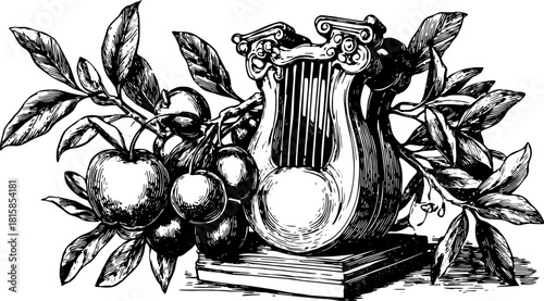 Classical lyre instrument illustration with apples and leaves. Vintage black and white design, showcasing cultural heritage in this vector illustration.