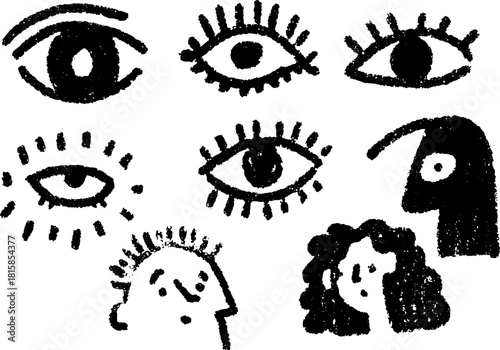 Simple black and white vector illustration featuring various eye designs and faces. A creative set showcasing diverse expressions and curious designs.