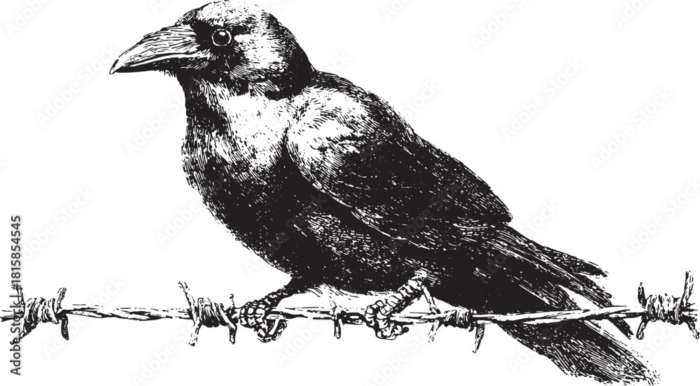 Fototapeta premium Crow perched on barbed wire in monochrome style. Detailed vector illustration of bird with textured feathers.