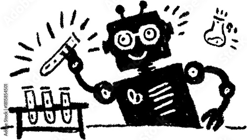 Cartoon robot in a laboratory, interacting with test tubes. Simple black and white vector illustration set of a creative character.