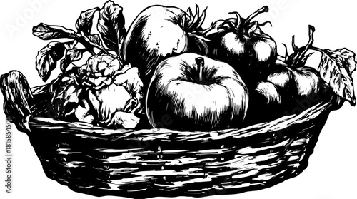 Vintage basket with tomatoes and cabbage in an outline drawing style. Vector illustration showcasing natural vegetables in black and white.