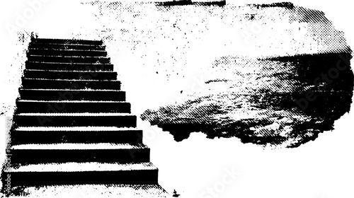 Engraved stairs in a retro style. Antique black silhouette vector illustration with stipple texture and graphic outline.