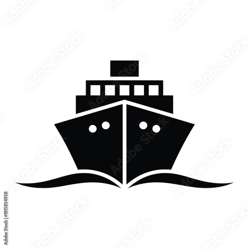 Front view of a cruise ship isolated on, a symbol of travel, vacation, and maritime adventures, rendered in a simple black silhouette style
