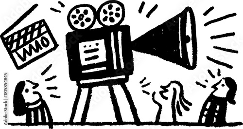 Film camera and clapperboard in a hand-drawn black and white illustration. Audience engaged in a creative set for media performance.