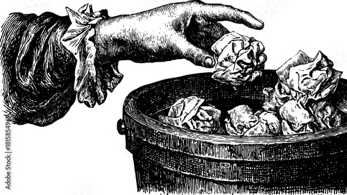 Hand throwing paper into a trash basket. Simple vector illustration emphasizing waste management.