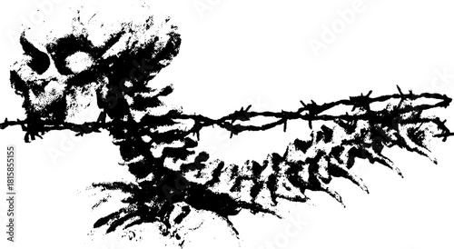 Dragon skull with barbed wire details. Black vector illustration features intricate textures and gothic style elements in a creative design set.