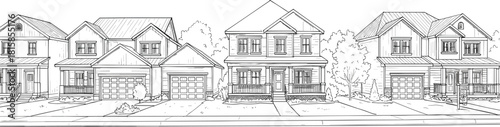 Suburban street line art—five houses with porches, garages, and trees for residential architecture and neighborhood visuals 