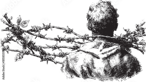 A man seen from the back is tangled with barbed wire and thorns. Black and white detailed vector illustration.
