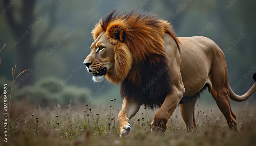 Naklejka premium A lion walking through a field of tall grass.