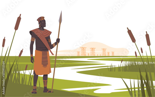 African Warrior Standing Guard in a Lush Wetland Landscape with Oil Derricks in the Background, Holding a Spear, Traditional Clothing