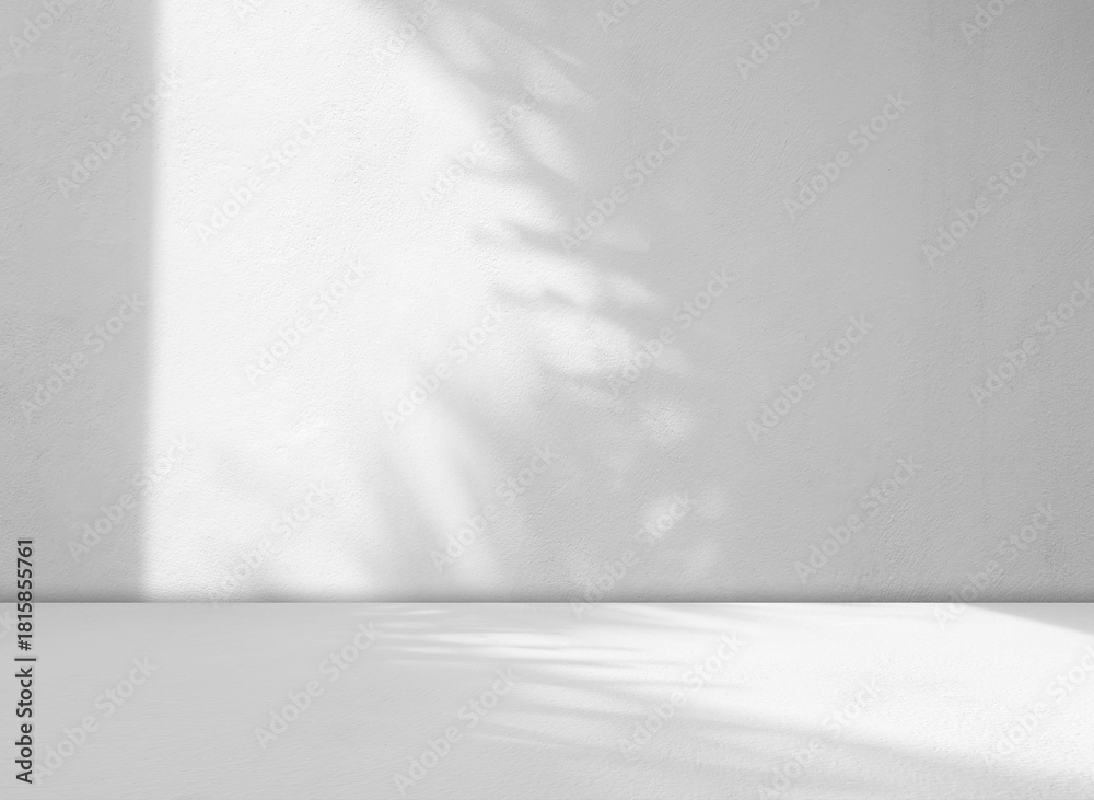 Fototapeta premium rey wall shadow background kitchen floor white abstract studio concrete table white texture light texture mockup product marble room display plant cement minimal shelft bar leaves backdrop