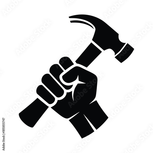 A clenched fist holding a hammer isolated on, symbolizing labor, construction, or a call to action with a bold and graphic design