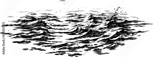 Engraved ocean waves in black and white. A vintage illustration depicting natural movement and texture of water. Vector art set.