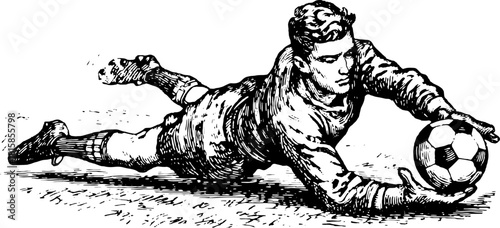 Vintage engraving of a soccer goalkeeper in action. The line drawing captures movement as the player dives to catch a ball in this vector illustration.