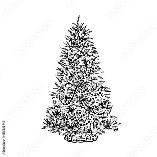 A Christmas tree with decorations and a tree skirt. Hand drawn in black and vectorised.