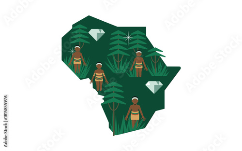 Africa Shaped Map: Native People in a Lush Forest with Diamonds, Representing Cultural Heritage and Natural Resources of the African Continent