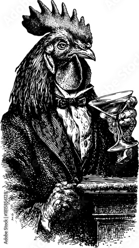 Rooster in a dapper suit holding a cocktail glass. Vintage black and white vector illustration with elegant details.