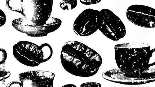 Vintage coffee cup and bean print vector illustration. A black and white hand-drawn set with delicate details for a retro feel.