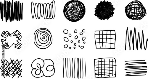 Hand-drawn lines and abstract shapes in black and white. Monochrome vector illustration set showcasing various doodles and patterns.