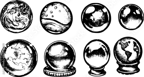 Vintage globe spheres in hand-drawn illustration style. Black and white vector artwork set with various designs and textures.