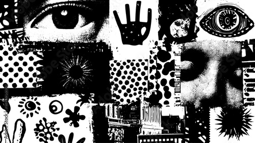 Collage of black and white elements featuring bold patterns and eye imagery. Graphic vector illustration with abstract designs in a set.