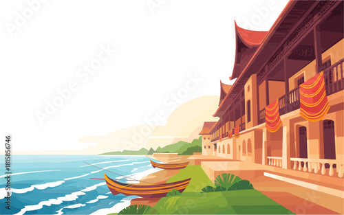 Coastal Heritage: Traditional Architecture Meets Tranquil Waters - A Glimpse of Serenity in a Harmonious Coastal Village Landscape