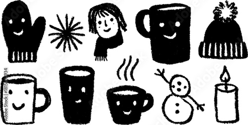 Winter set featuring coffee mugs, mittens, snowman, and a candle. A simple black vector illustration showcasing a cozy theme.