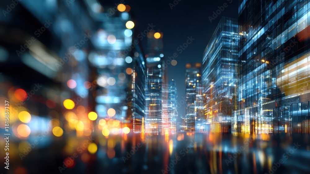 Fototapeta premium abstract corporate scene visualizing business transformation in a modern urban environment with blurred lights and reflections at night