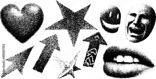 Heart and star icons with expressive faces and arrows. Black and white vector illustration showcasing playful designs in a creative set.