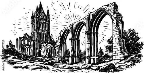 Vintage illustration of historic architecture showing a beautiful ruin in outline style. This vector graphic captures scenic elements and classic design.
