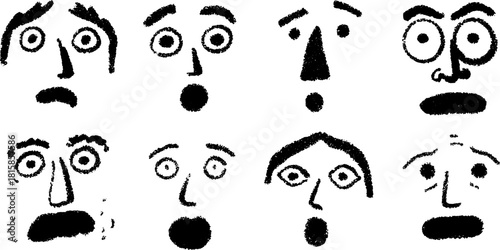 Illustration set of various faces showing different expressions. This vector design features simple lines in black and white.