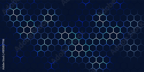 Abstract hexagon pattern background - futuristic sci fi honeycomb grid, glowing blue neon lines on dark. Geometric vector graphic design for digital interfaces, HUD displays and gaming backdrops.
