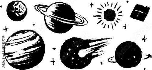 Celestial entities including planets, moon, and sun. Black and white vector illustration set featuring simple shapes and stars.