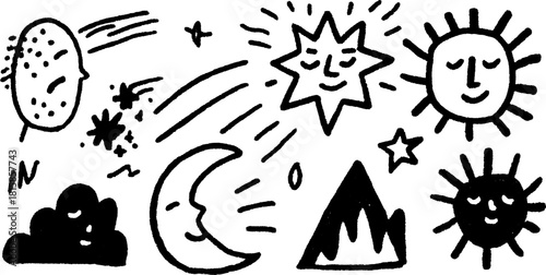 Vector illustration featuring a hand-drawn set of celestial symbols: sun, moon, stars, and clouds. Black and white doodle elements represent nature.