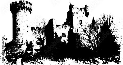 Castle engraving in line drawing style. Vintage outline vector illustration depicting an old historical set of structures.