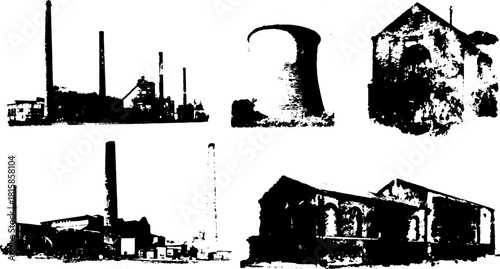 Vintage factory illustrations in black and white. Detailed line drawings of industrial buildings and smokestacks in a vector set.