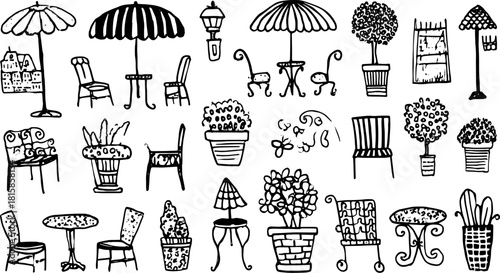 Outdoor furniture illustration set featuring various chairs, tables, and plants. Vector artwork in a hand-drawn style for garden settings.