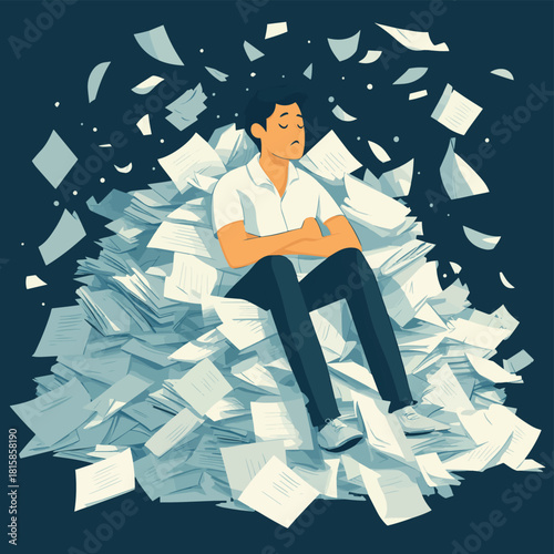 Exhausted man buried under massive paperwork pile Stress overwork and job burnout concept illustration , vector style simple color