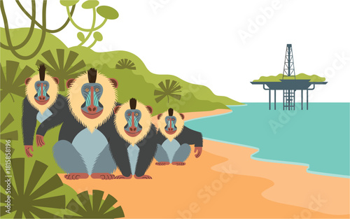 Illustrative Mandrills on a Tropical Beach Near an Oil Rig, Showing Environmental Concerns and Potential Habitat Destruction, a Vector Illustration.