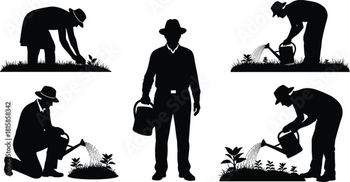 Gardener silhouettes planting, working, and watering plants with watering can in garden, farming agriculture vector illustration