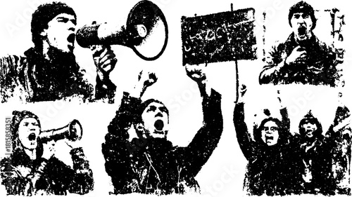 Protests featuring activists with megaphones and expressive gestures. Black and white vector illustration in a grunge style, highlighting vocal activism and messages.