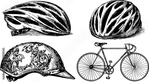 Bicycle and helmet set in vintage sketch style. Detailed illustrations for cycling accessories, including vector illustrations to capture the essence of transportation.